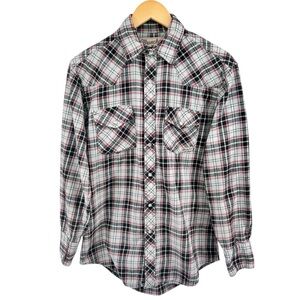Vtg Wrangler Wrancher Men Flannel Shirt Sz M Pearl Snap Button Up Western Gray
